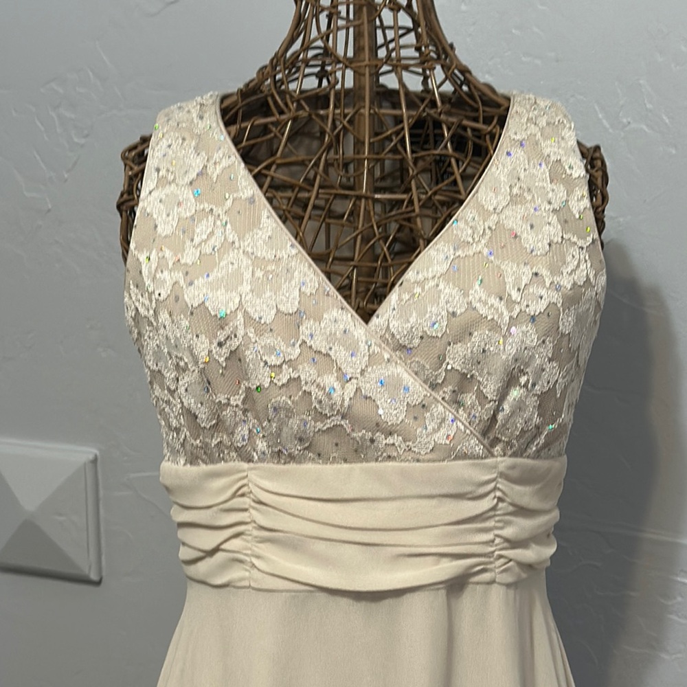 R & M Collection Elegant Cream Chiffon Dress w/ Lace bust and cover up. Size 10P